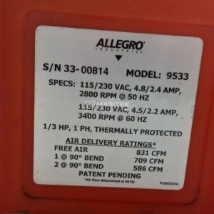Allegro Industries 9533 Confined space axial blower